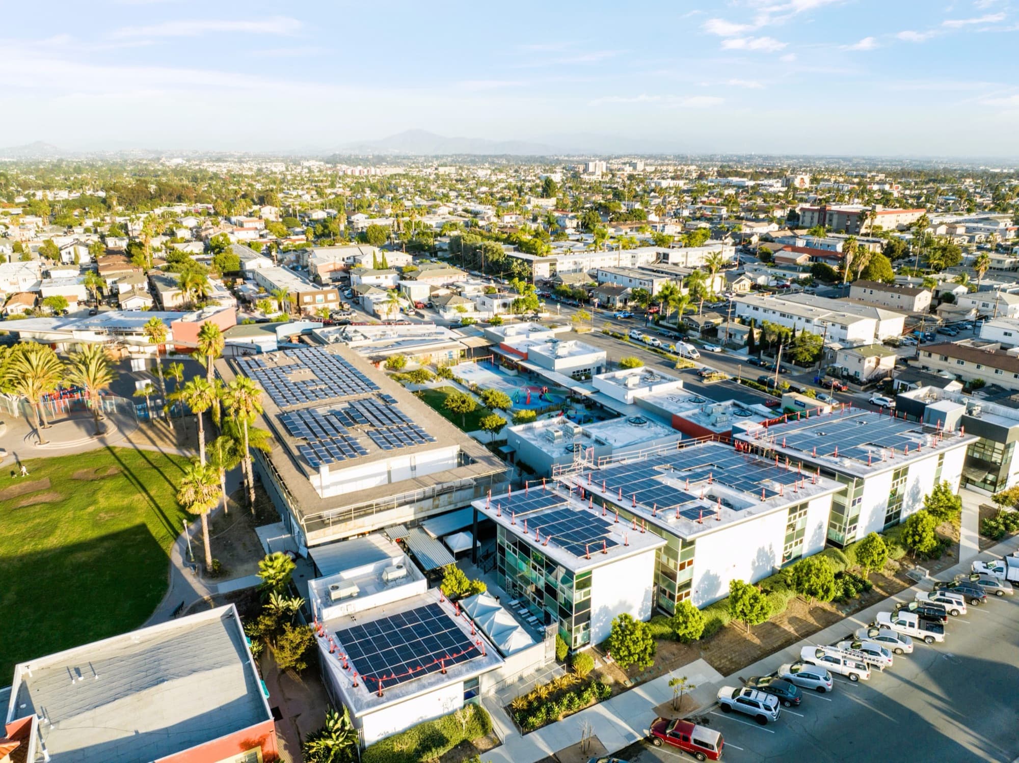 New construction San Diego neighborhood with rooftop solar installations